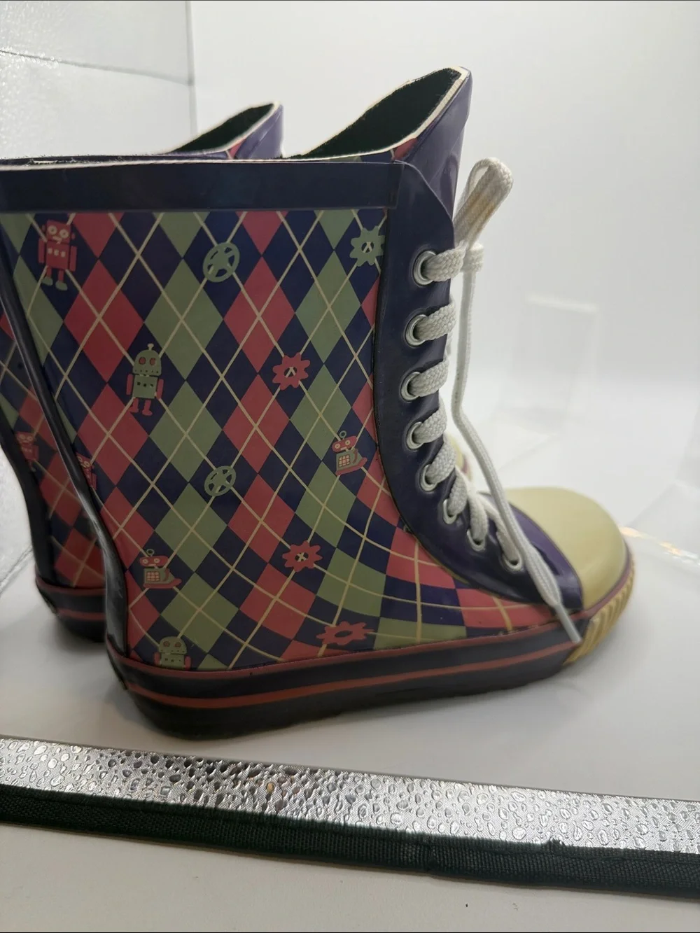 Dav Kids Purple Argyle Lace-Up Rubber Rain Boots Size 11C Retro